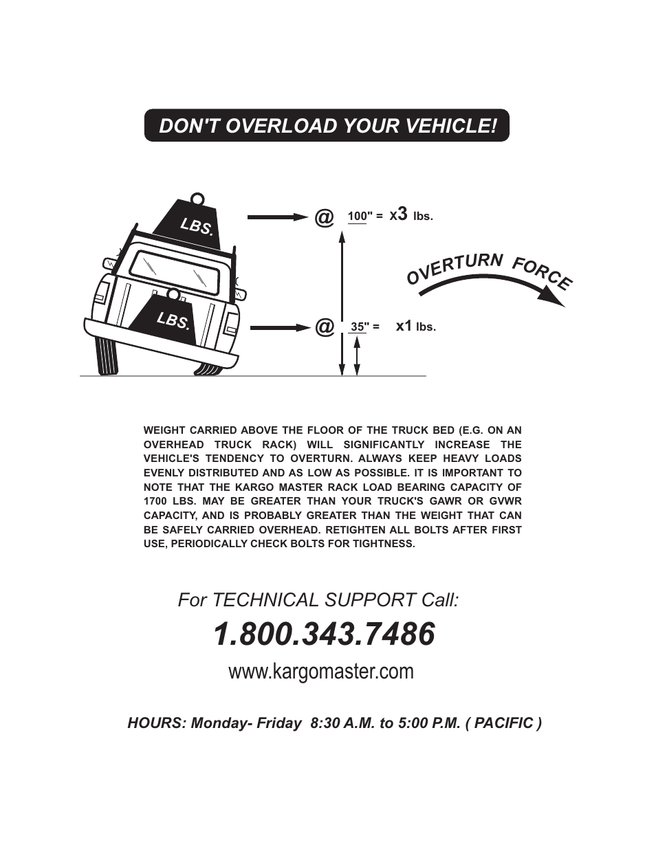 Don't overload your vehicle | Kargo Master Pro II Steel Ladder Rack – Without A Camper Shell (0104) User Manual | Page 10 / 10