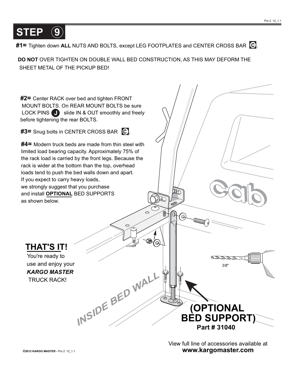 Step 9, Optional bed support), Inside bed w all | That's it | Kargo Master Pro II Steel Ladder Rack – Without A Camper Shell (0104) User Manual | Page 9 / 10