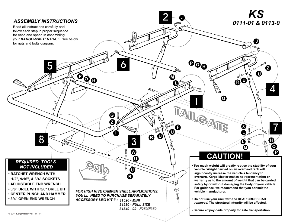 Caution | Kargo Master Pro II Steel Ladder Rack – With A Camper Shell (0113) User Manual | Page 3 / 8