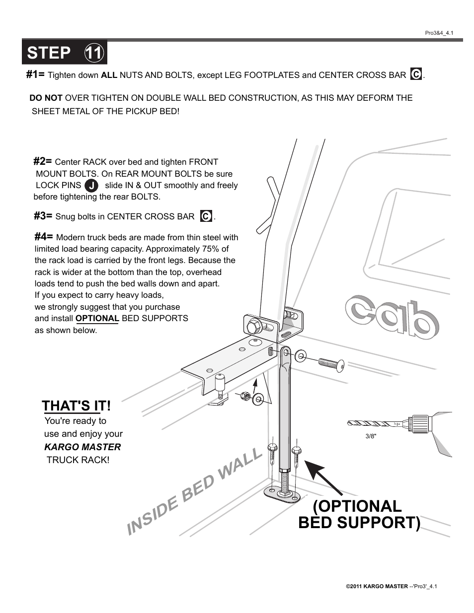 Step 11, Optional bed support), Inside bed w all | That's it | Kargo Master Pro III Steel Ladder Rack – Without A Camper Shell (80020) User Manual | Page 9 / 10