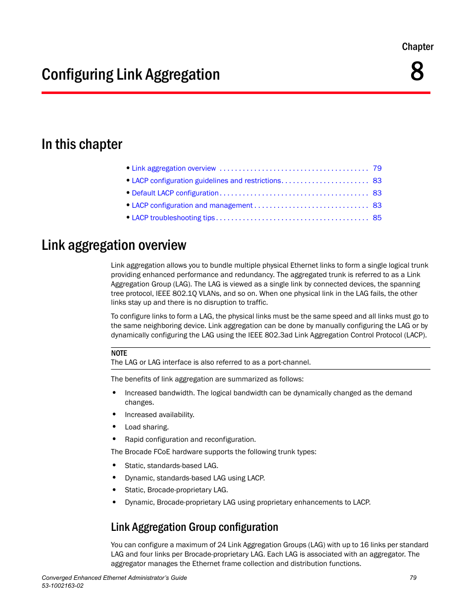 Configuring link aggregation, In this chapter, Link aggregation overview | Link aggregation group configuration, Chapter 8, Chapter 8, “configuring link aggregation | Brocade Communications Systems Converged Enhanced Ethernet 53-1002163-02 User Manual | Page 101 / 168