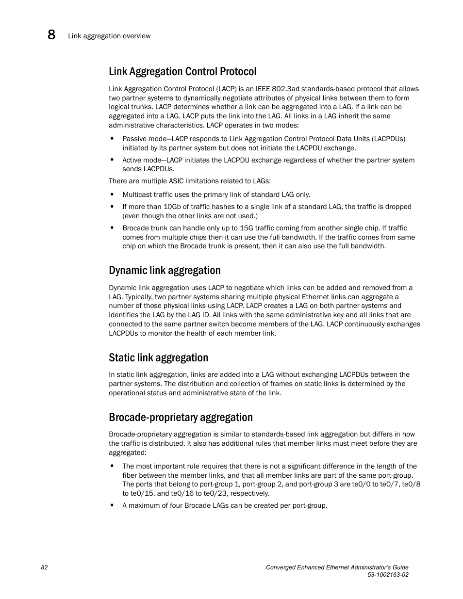 Link aggregation control protocol, Dynamic link aggregation, Static link aggregation | Brocade-proprietary aggregation | Brocade Communications Systems Converged Enhanced Ethernet 53-1002163-02 User Manual | Page 104 / 168