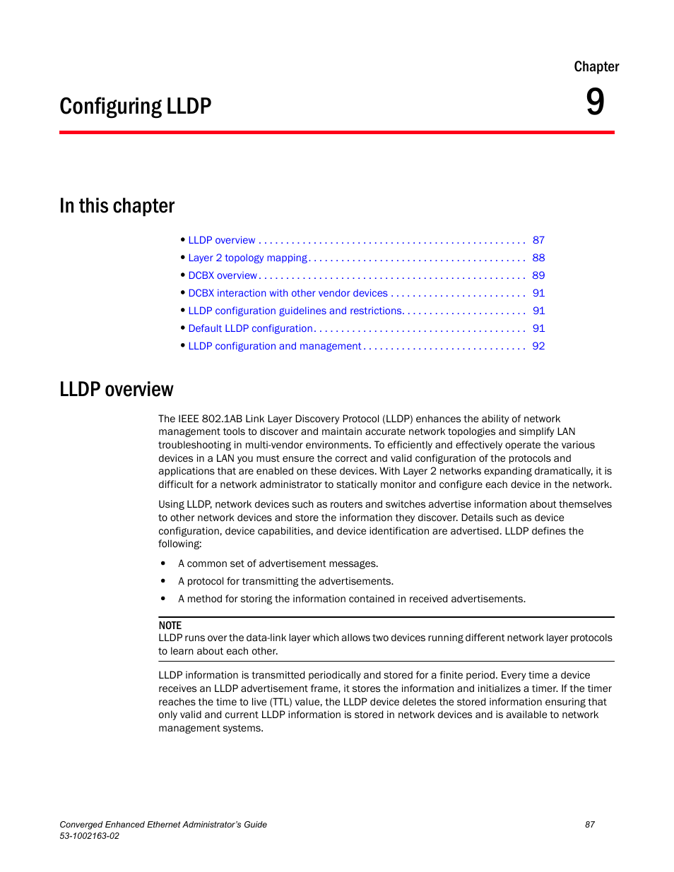 Configuring lldp, In this chapter, Lldp overview | Chapter 9, Chapter 9, “configuring lldp | Brocade Communications Systems Converged Enhanced Ethernet 53-1002163-02 User Manual | Page 109 / 168