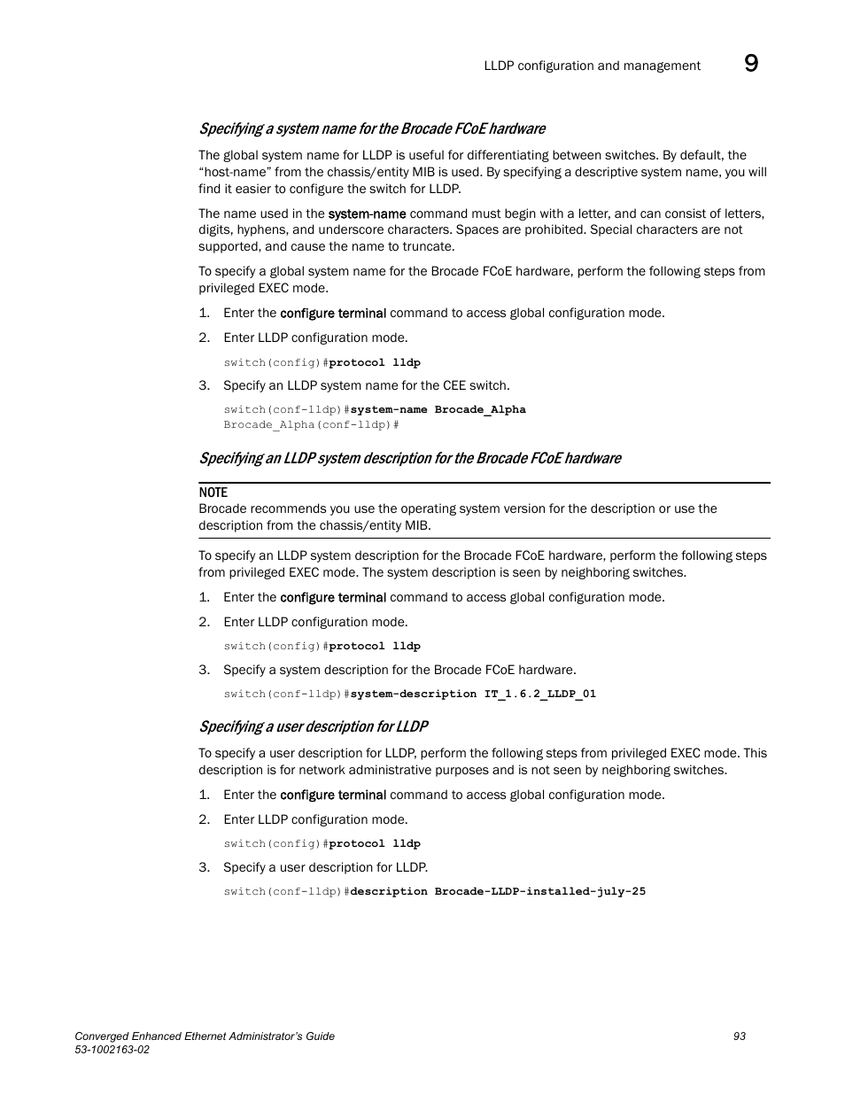 Specifying a user description for lldp | Brocade Communications Systems Converged Enhanced Ethernet 53-1002163-02 User Manual | Page 115 / 168
