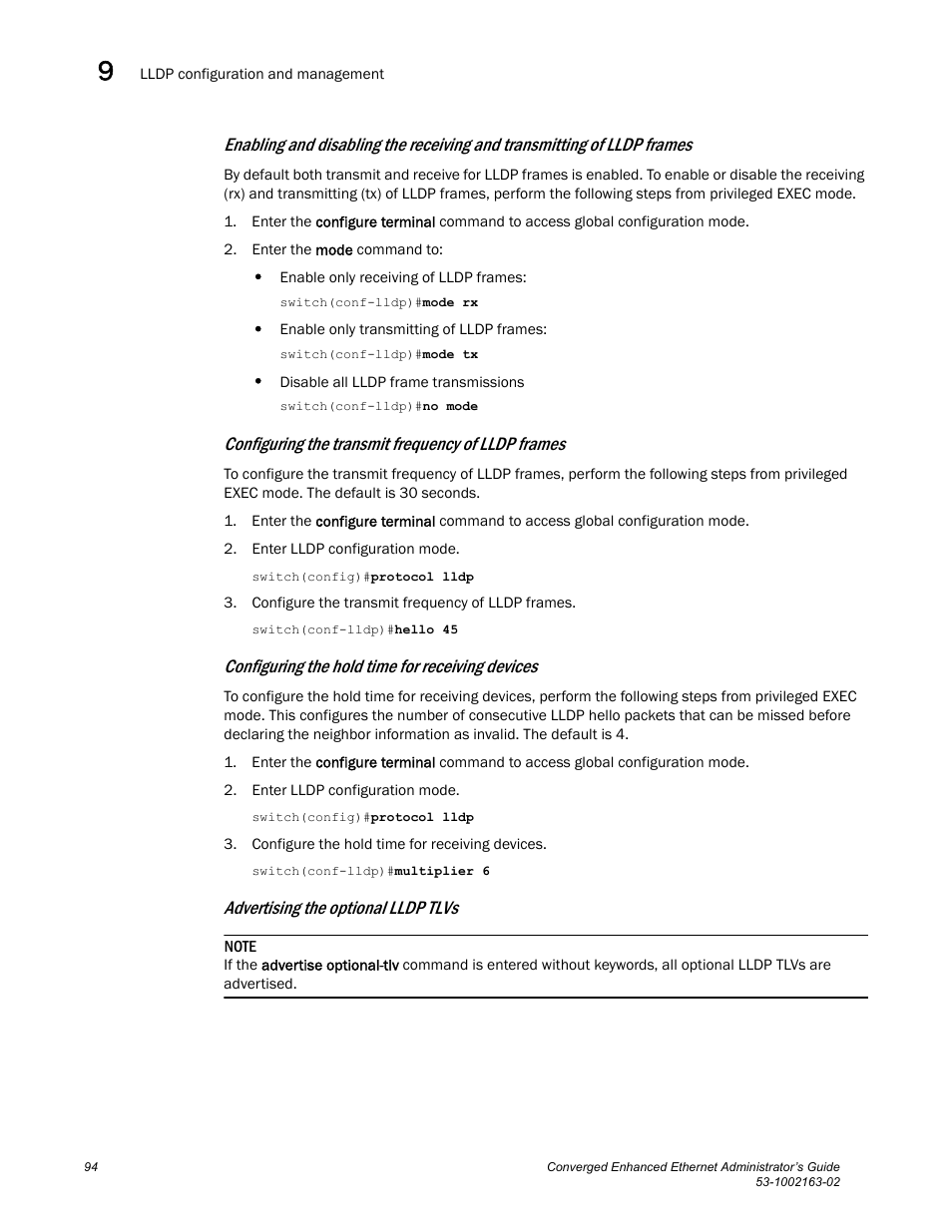 Configuring the transmit frequency of lldp frames, Configuring the hold time for receiving devices, Advertising the optional lldp tlvs | Brocade Communications Systems Converged Enhanced Ethernet 53-1002163-02 User Manual | Page 116 / 168