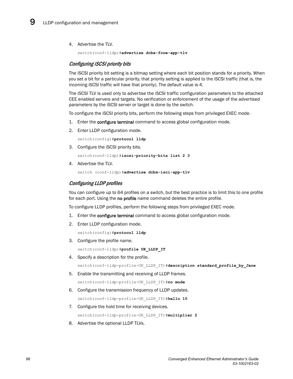 Configuring iscsi priority bits, Configuring lldp profiles | Brocade Communications Systems Converged Enhanced Ethernet 53-1002163-02 User Manual | Page 118 / 168