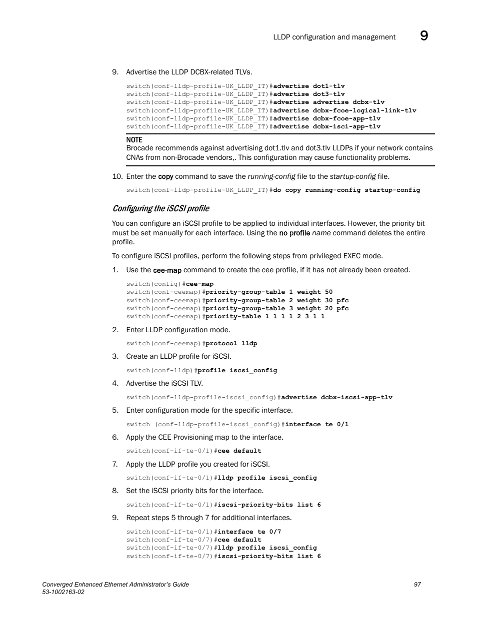 Configuring the iscsi profile | Brocade Communications Systems Converged Enhanced Ethernet 53-1002163-02 User Manual | Page 119 / 168