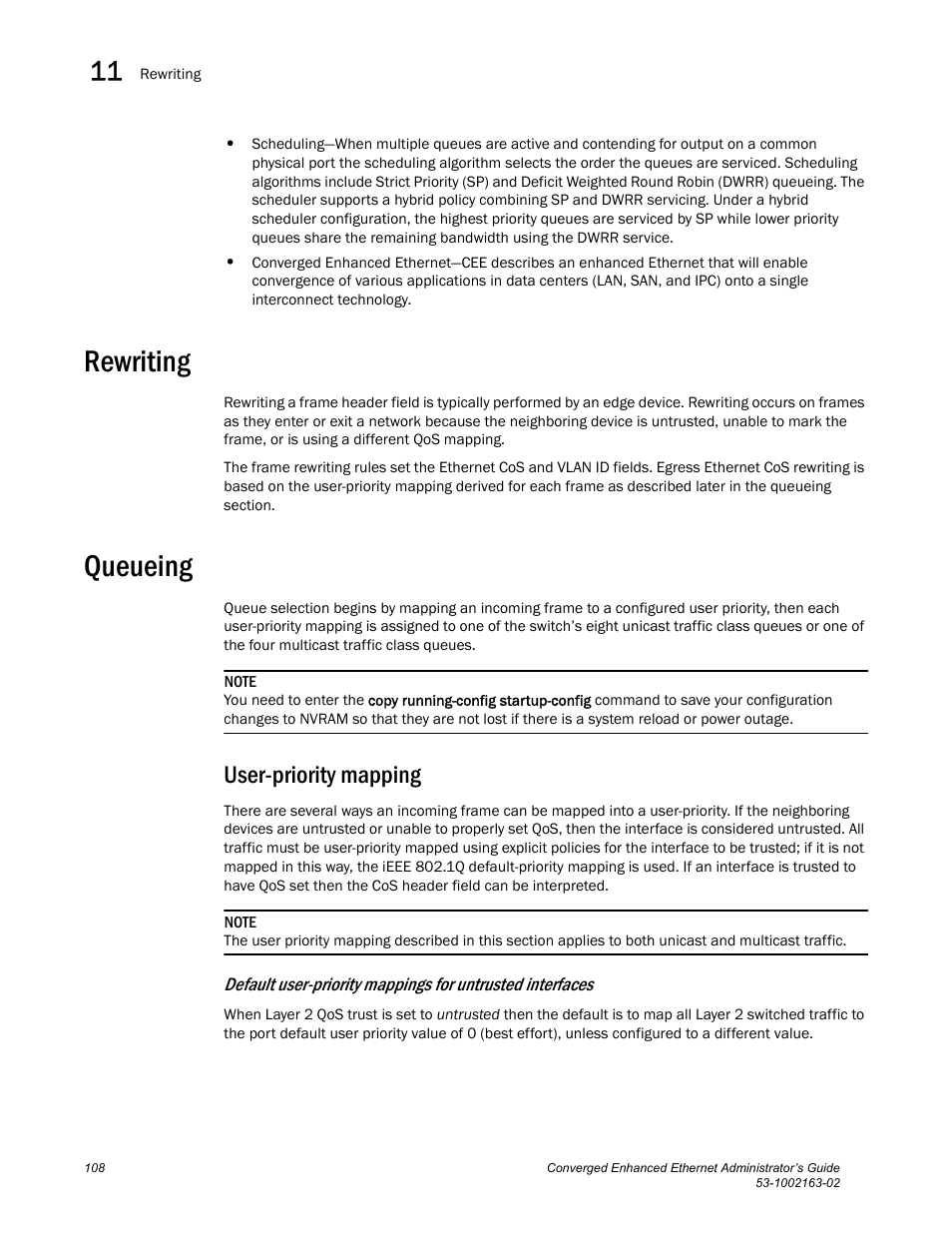 Rewriting, Queueing, User-priority mapping | Brocade Communications Systems Converged Enhanced Ethernet 53-1002163-02 User Manual | Page 130 / 168