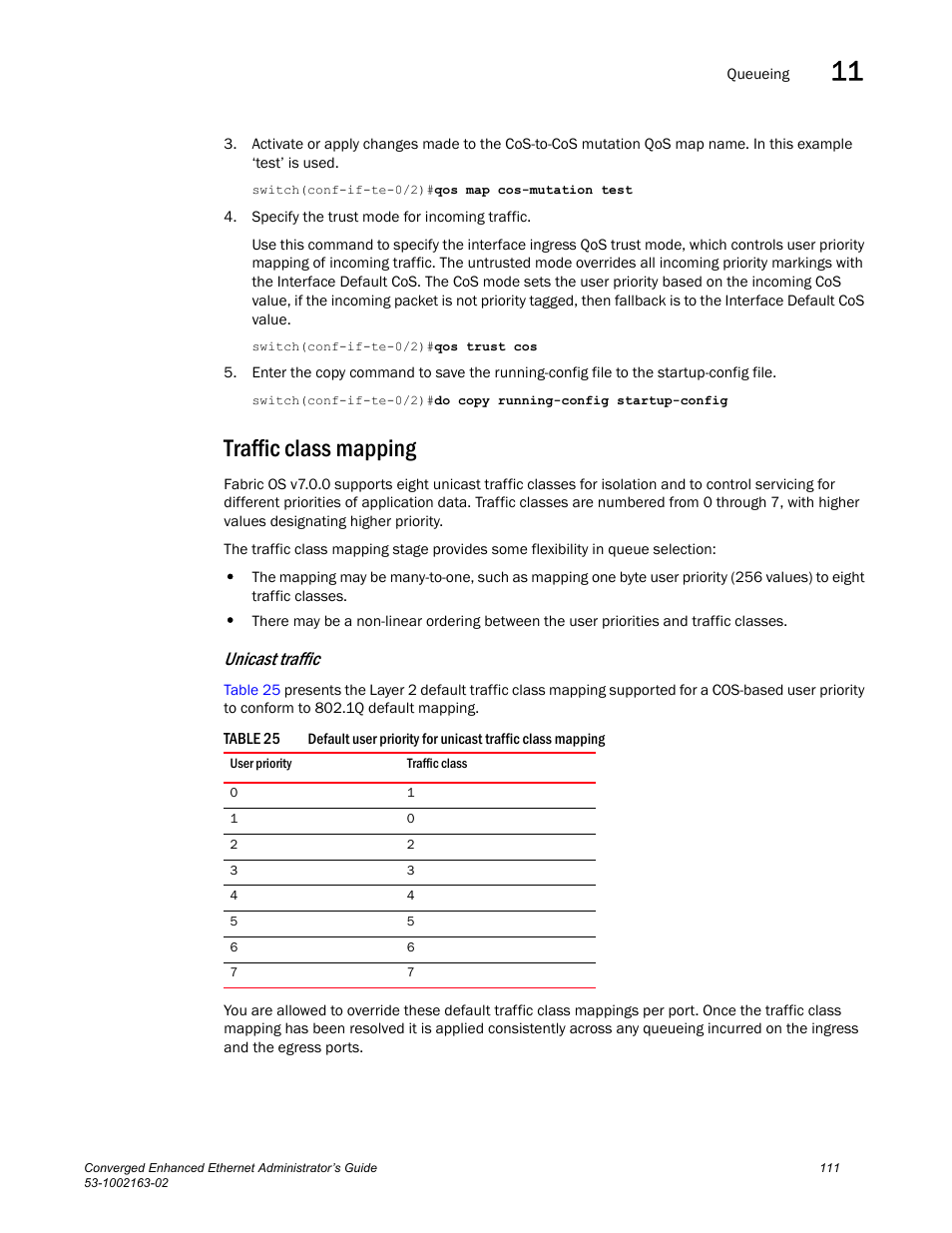 Traffic class mapping, Table 25, Unicast traffic | Brocade Communications Systems Converged Enhanced Ethernet 53-1002163-02 User Manual | Page 133 / 168