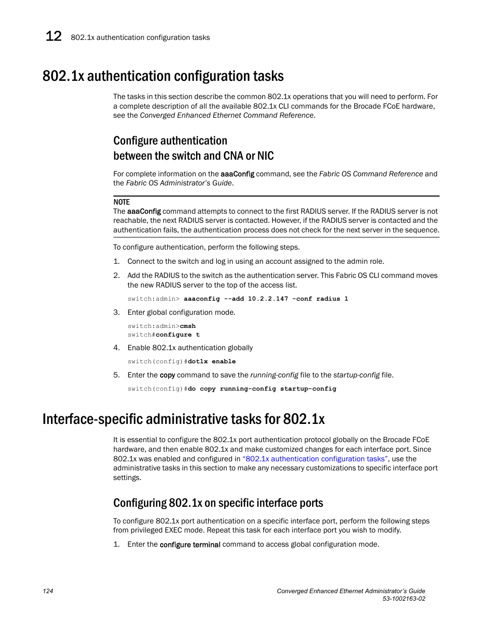 1x authentication configuration tasks, Interface-specific administrative tasks for 802.1x, Configuring 802.1x on specific interface ports | Brocade Communications Systems Converged Enhanced Ethernet 53-1002163-02 User Manual | Page 146 / 168