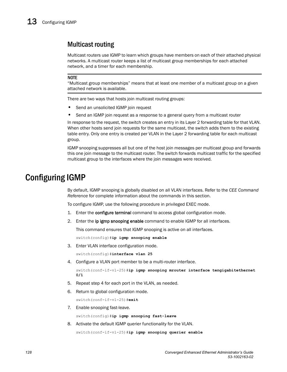 Multicast routing, Configuring igmp | Brocade Communications Systems Converged Enhanced Ethernet 53-1002163-02 User Manual | Page 150 / 168