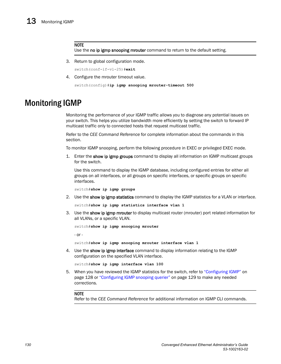 Monitoring igmp | Brocade Communications Systems Converged Enhanced Ethernet 53-1002163-02 User Manual | Page 152 / 168