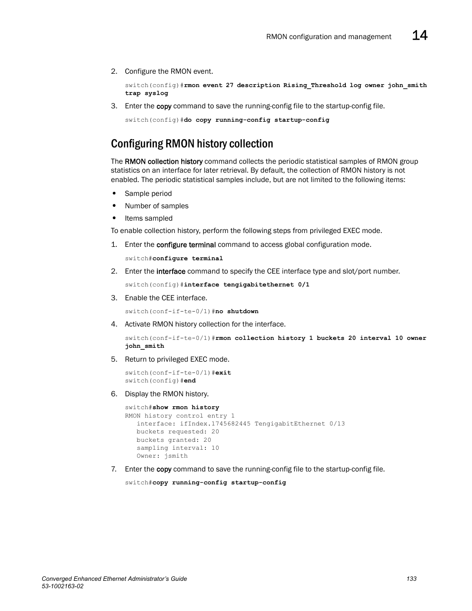 Configuring rmon history collection | Brocade Communications Systems Converged Enhanced Ethernet 53-1002163-02 User Manual | Page 155 / 168