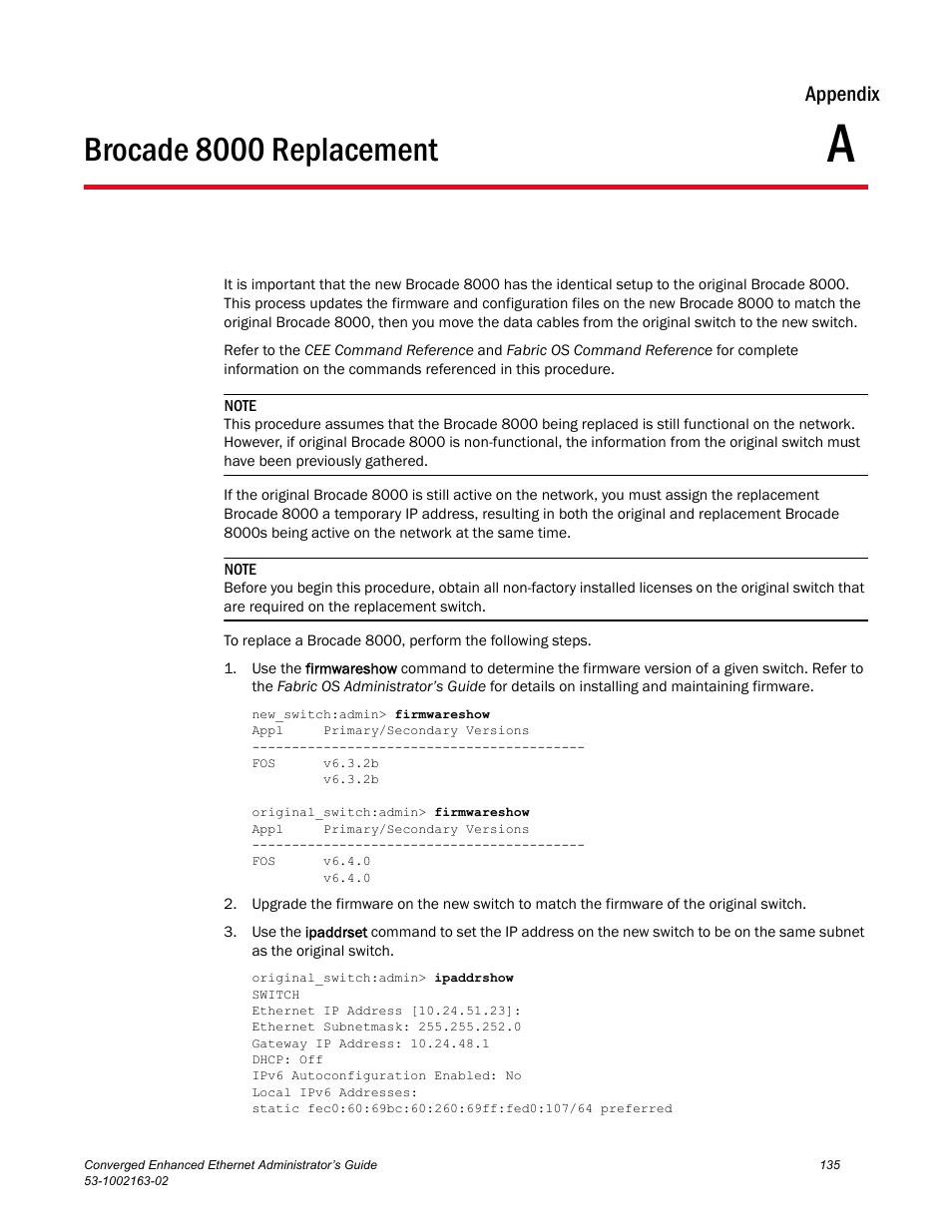 Appendix a, Brocade 8000 replacement, Appendix a, “brocade 8000 replacement | Appendix | Brocade Communications Systems Converged Enhanced Ethernet 53-1002163-02 User Manual | Page 157 / 168