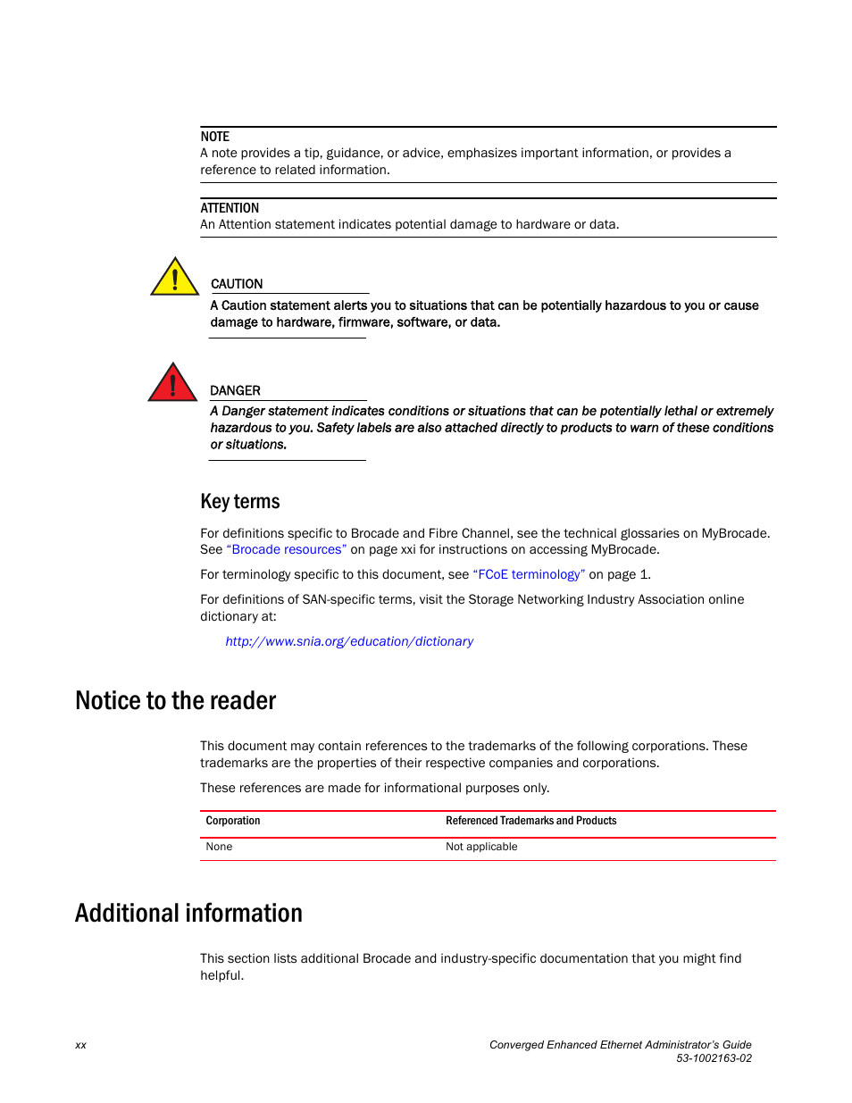 Key terms, Notice to the reader, Additional information | Brocade Communications Systems Converged Enhanced Ethernet 53-1002163-02 User Manual | Page 20 / 168