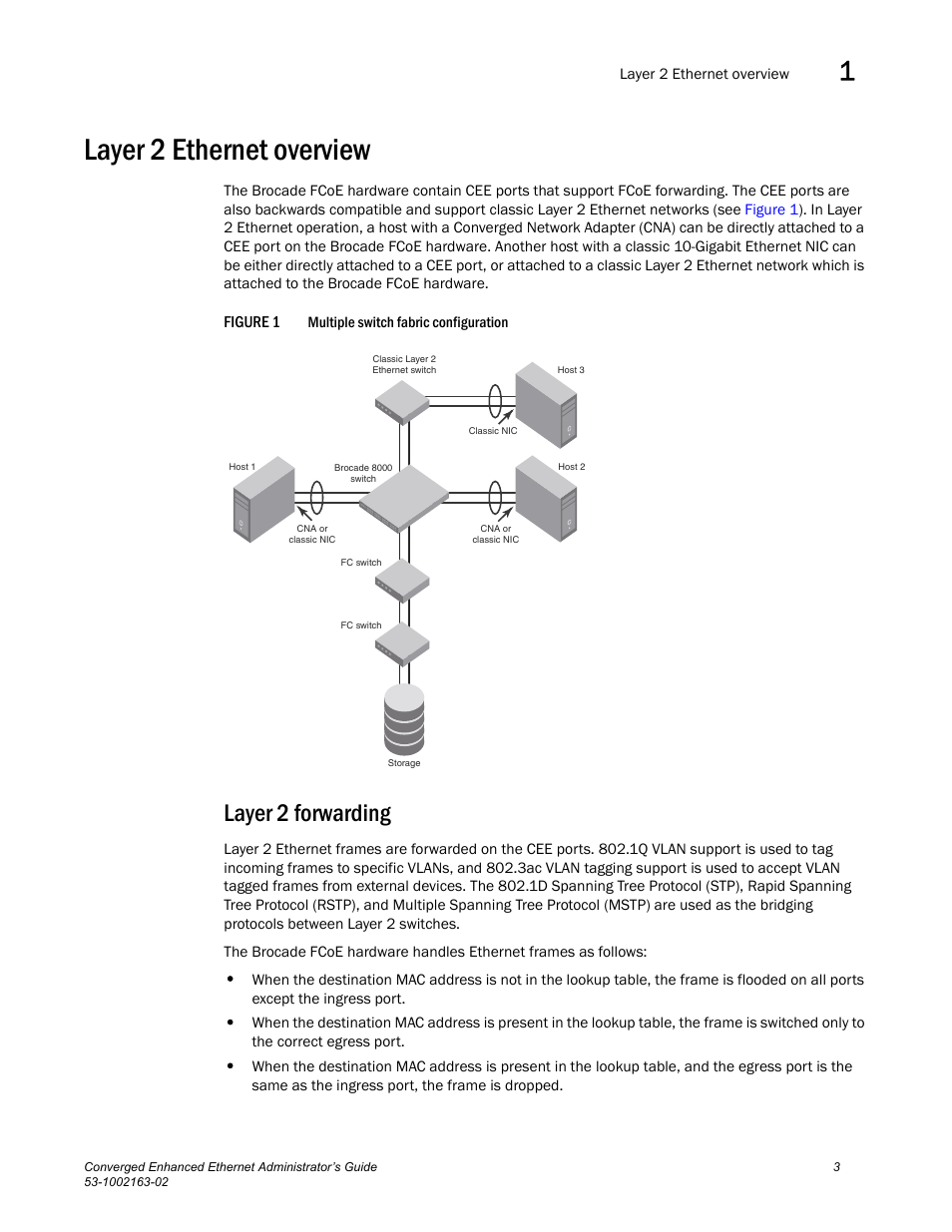 Layer 2 ethernet overview, Layer 2 forwarding, Figure 1 | Mult, Draft: brocade confidential | Brocade Communications Systems Converged Enhanced Ethernet 53-1002163-02 User Manual | Page 25 / 168
