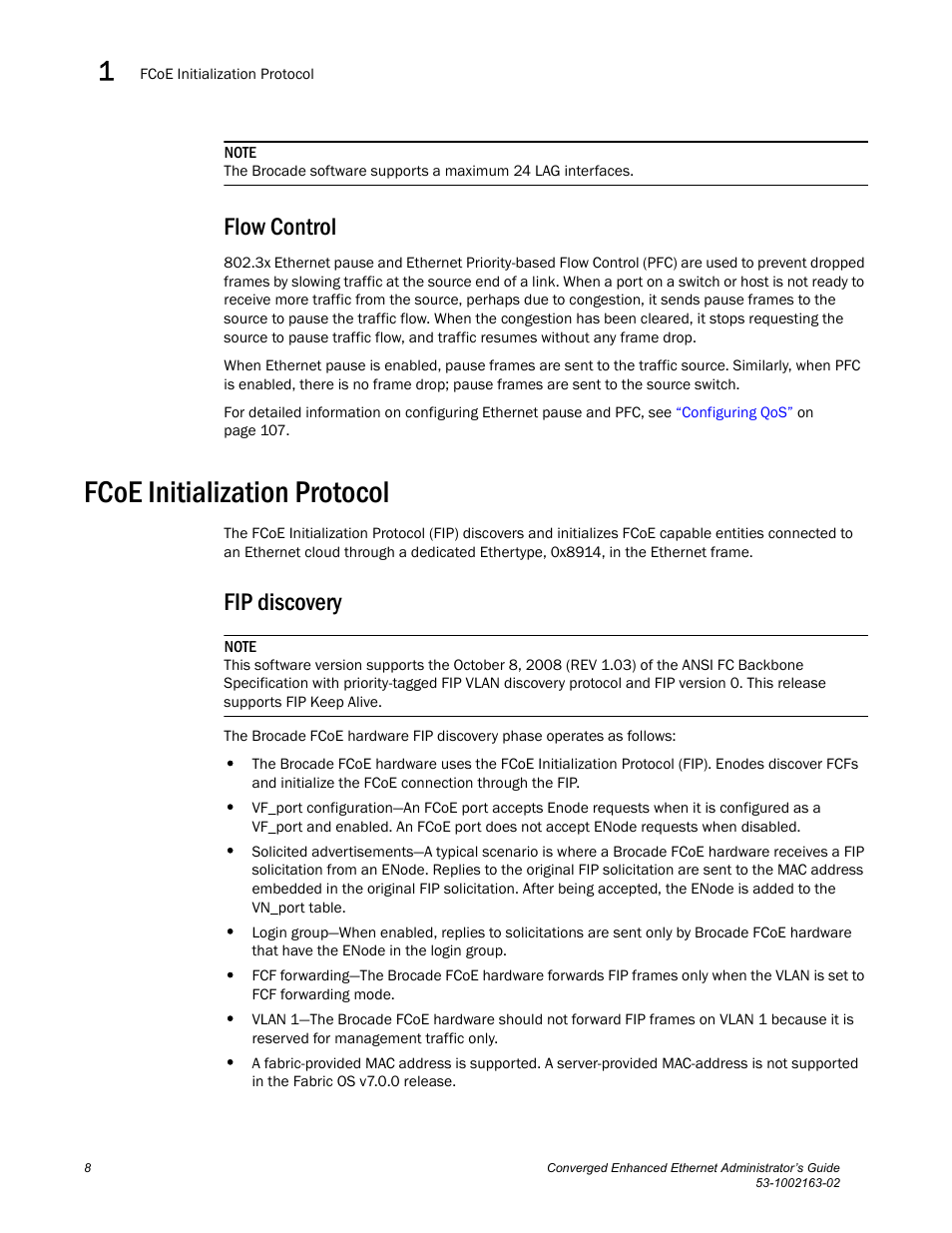 Flow control, Fcoe initialization protocol, Fip discovery | Brocade Communications Systems Converged Enhanced Ethernet 53-1002163-02 User Manual | Page 30 / 168