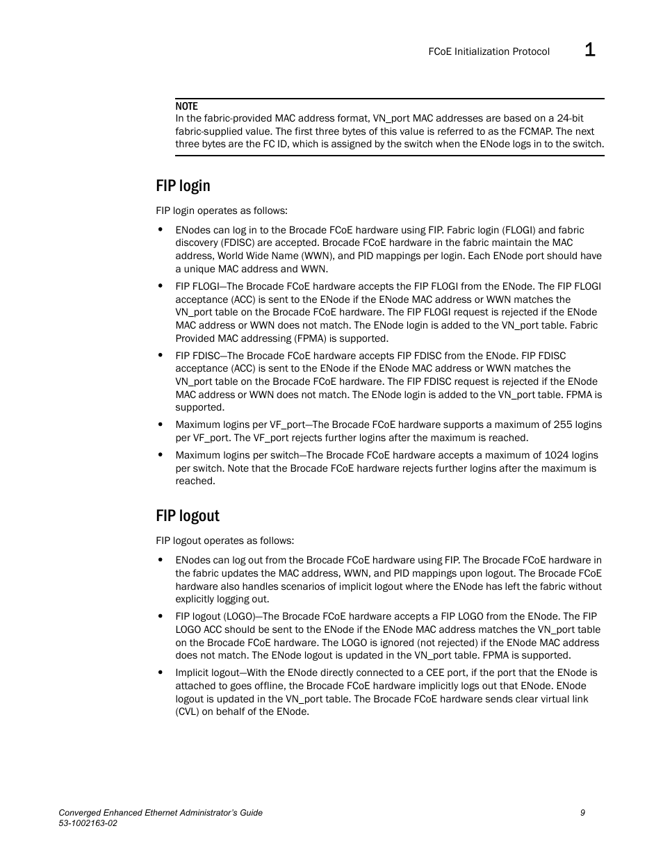 Fip login, Fip logout, Fip login fip logout | Brocade Communications Systems Converged Enhanced Ethernet 53-1002163-02 User Manual | Page 31 / 168