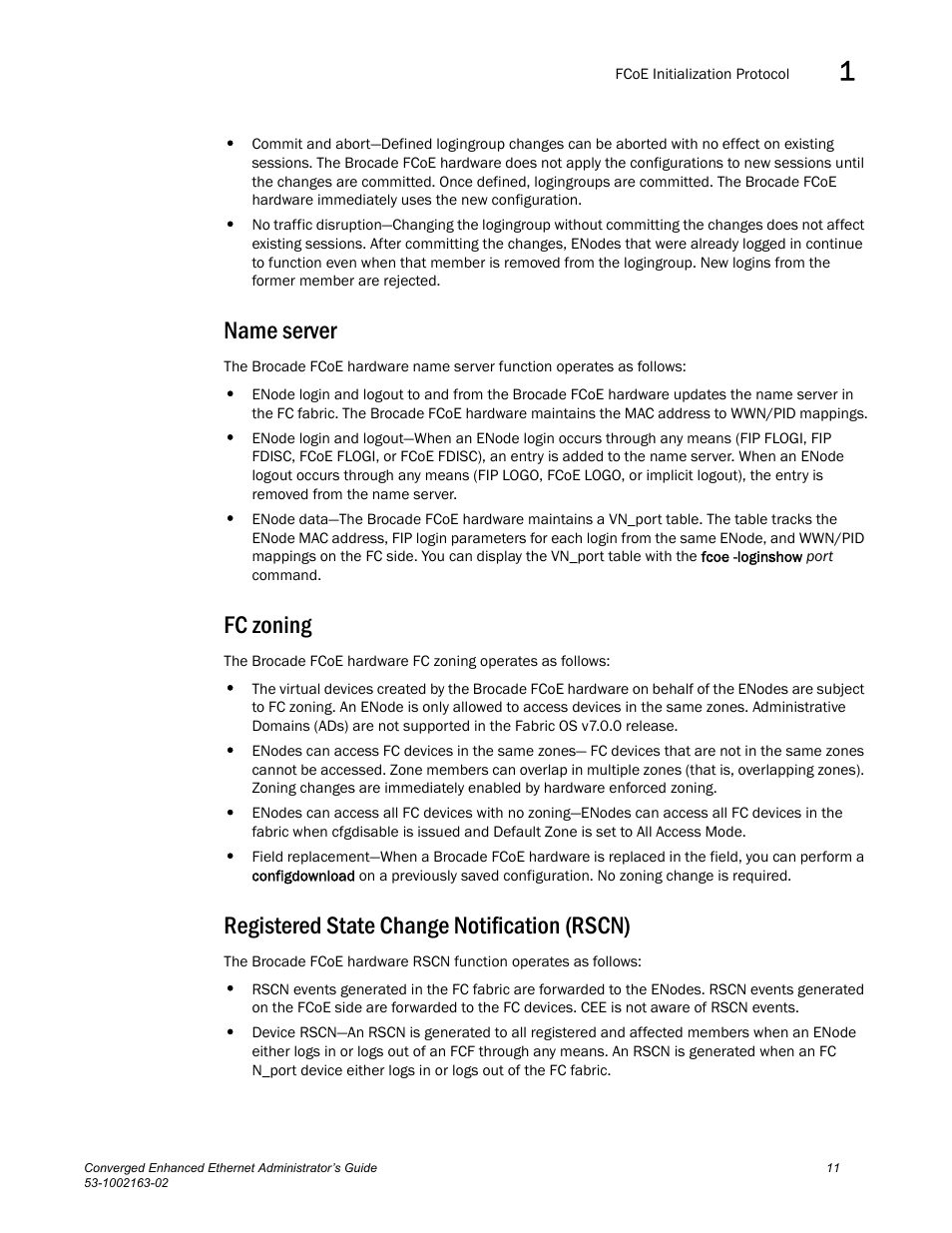 Name server, Fc zoning, Registered state change notification (rscn) | Brocade Communications Systems Converged Enhanced Ethernet 53-1002163-02 User Manual | Page 33 / 168