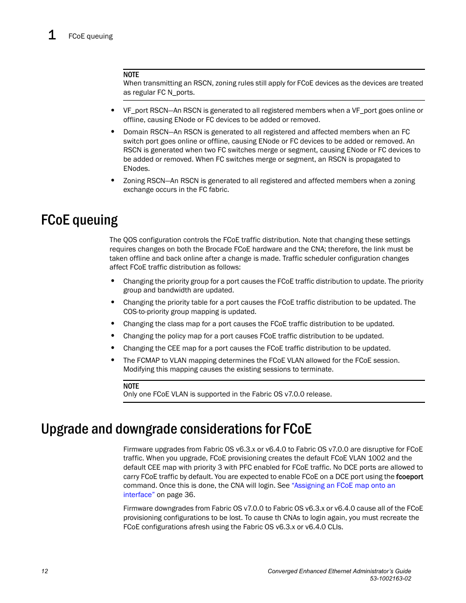 Fcoe queuing, Upgrade and downgrade considerations for fcoe | Brocade Communications Systems Converged Enhanced Ethernet 53-1002163-02 User Manual | Page 34 / 168