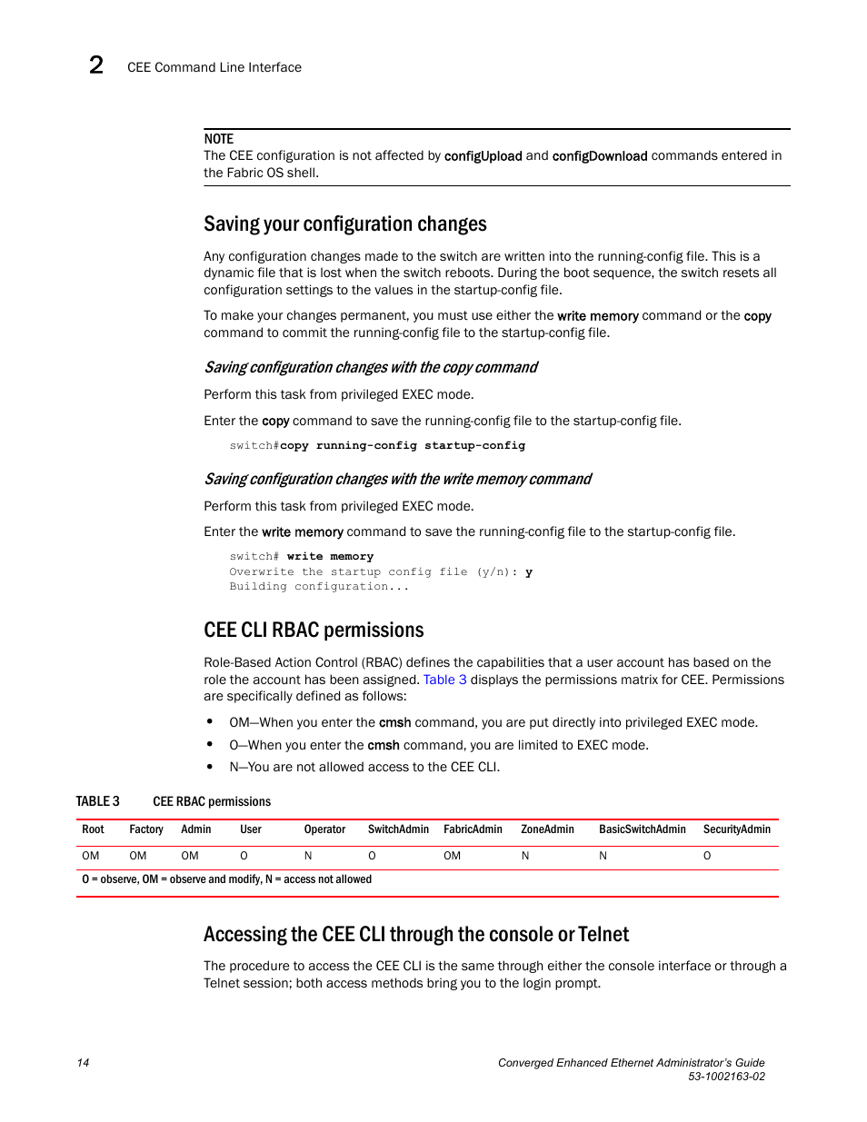 Saving your configuration changes, Cee cli rbac permissions, Table 3 | Saving configuration changes with the copy command | Brocade Communications Systems Converged Enhanced Ethernet 53-1002163-02 User Manual | Page 36 / 168