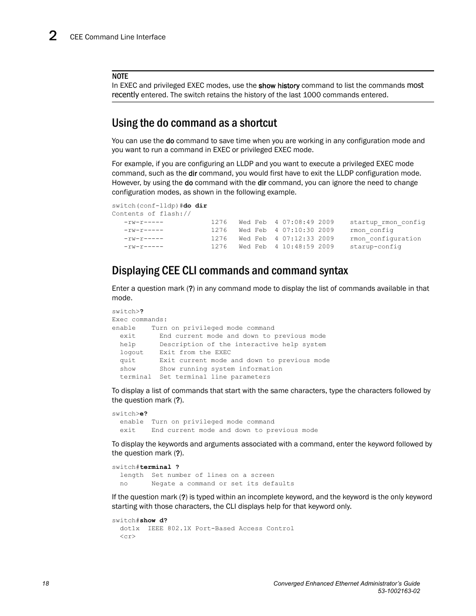 Using the do command as a shortcut, Displaying cee cli commands and command syntax | Brocade Communications Systems Converged Enhanced Ethernet 53-1002163-02 User Manual | Page 40 / 168