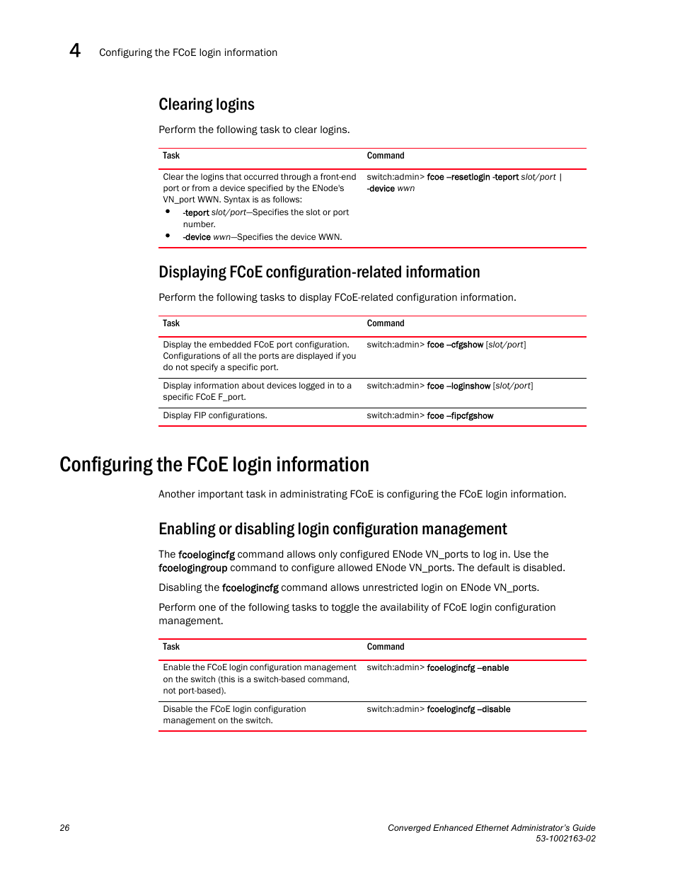 Clearing logins, Displaying fcoe configuration-related information, Configuring the fcoe login information | Brocade Communications Systems Converged Enhanced Ethernet 53-1002163-02 User Manual | Page 48 / 168