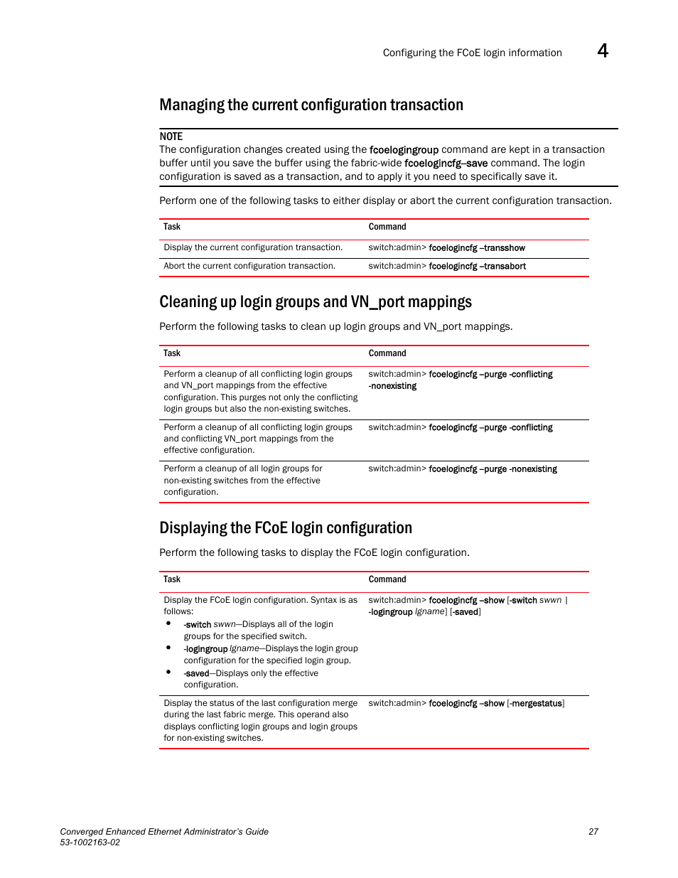 Managing the current configuration transaction, Cleaning up login groups and vn_port mappings, Displaying the fcoe login configuration | Brocade Communications Systems Converged Enhanced Ethernet 53-1002163-02 User Manual | Page 49 / 168