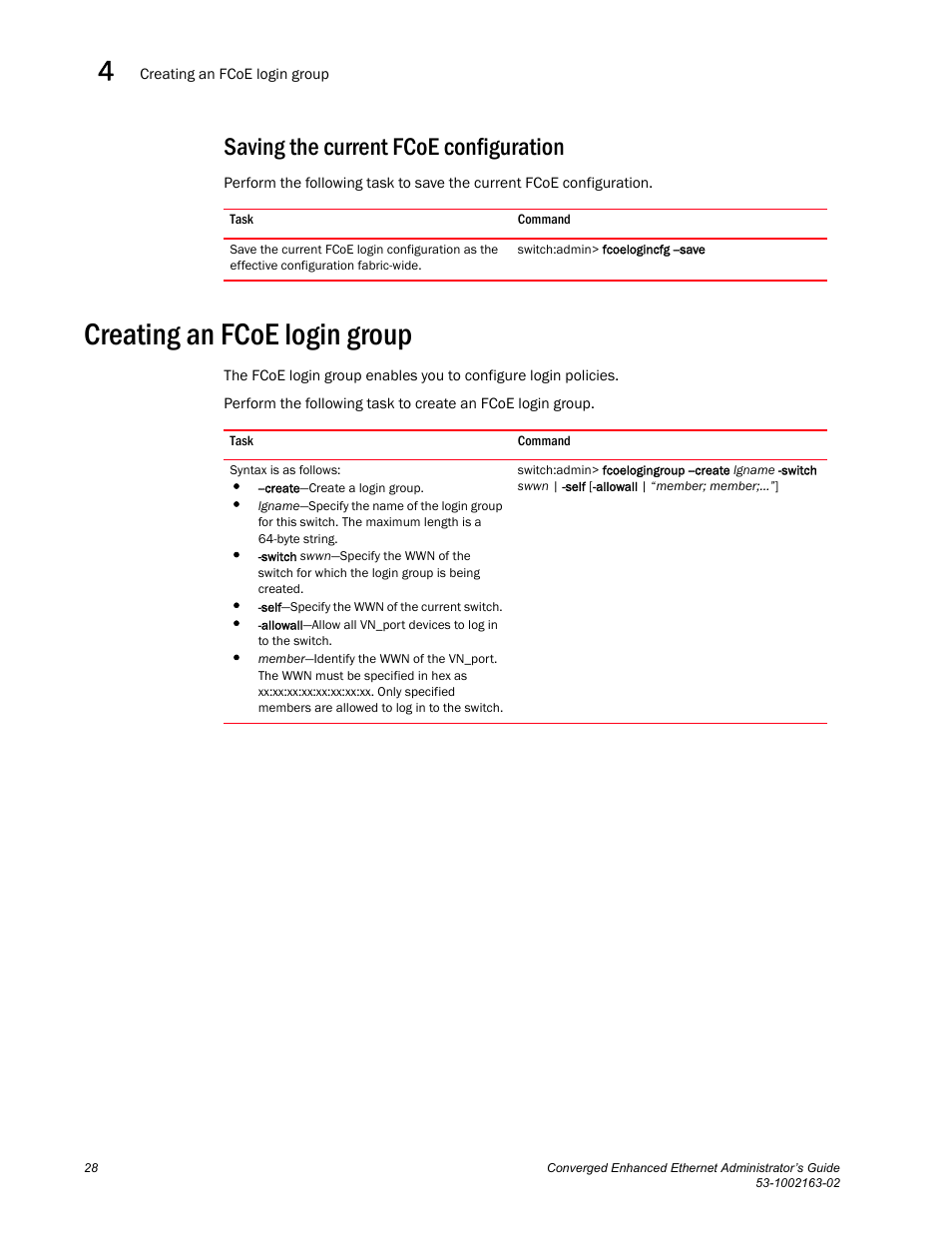 Saving the current fcoe configuration, Creating an fcoe login group | Brocade Communications Systems Converged Enhanced Ethernet 53-1002163-02 User Manual | Page 50 / 168