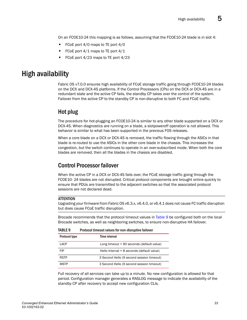 High availability, Hot plug, Control processor failover | Table 9 | Brocade Communications Systems Converged Enhanced Ethernet 53-1002163-02 User Manual | Page 55 / 168