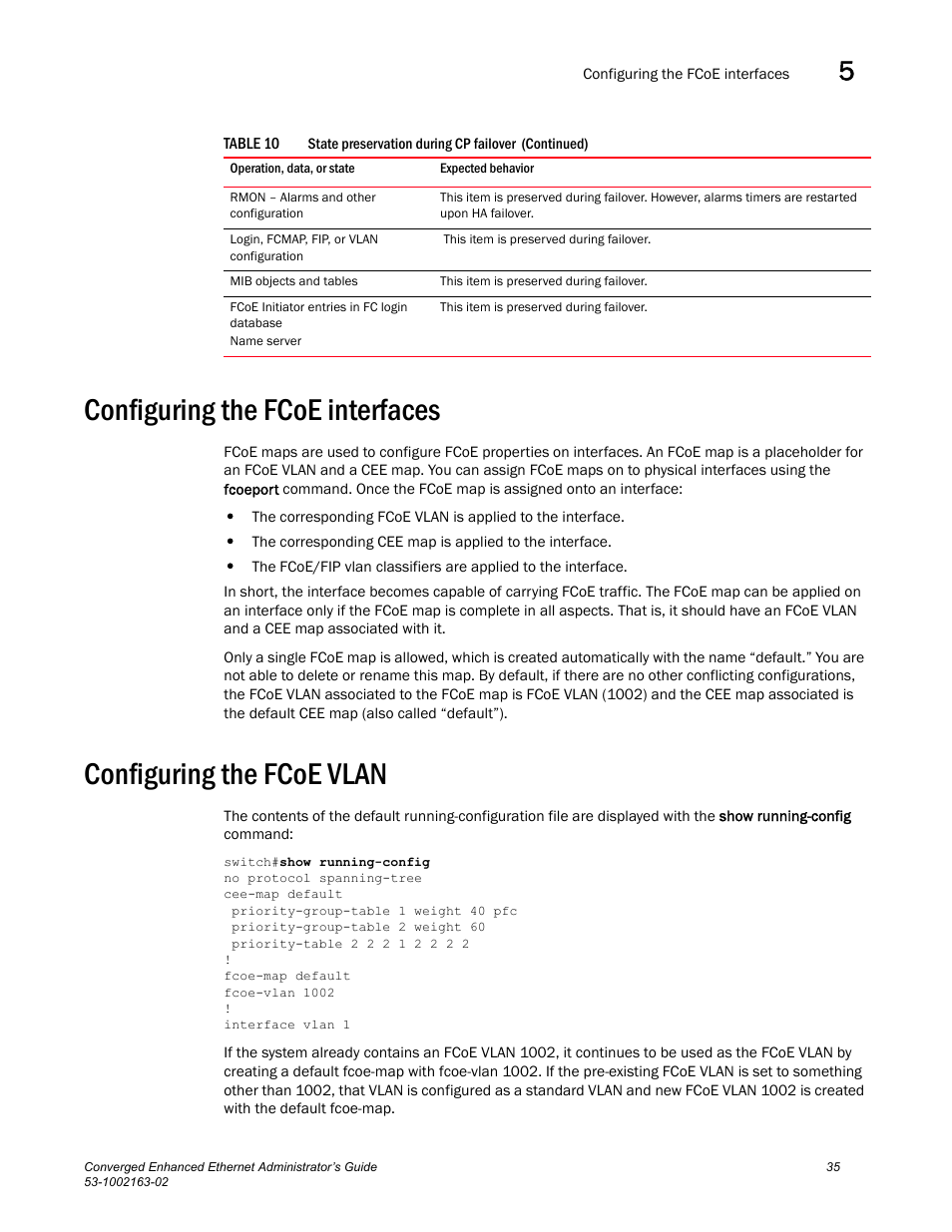 Configuring the fcoe interfaces, Configuring the fcoe vlan | Brocade Communications Systems Converged Enhanced Ethernet 53-1002163-02 User Manual | Page 57 / 168