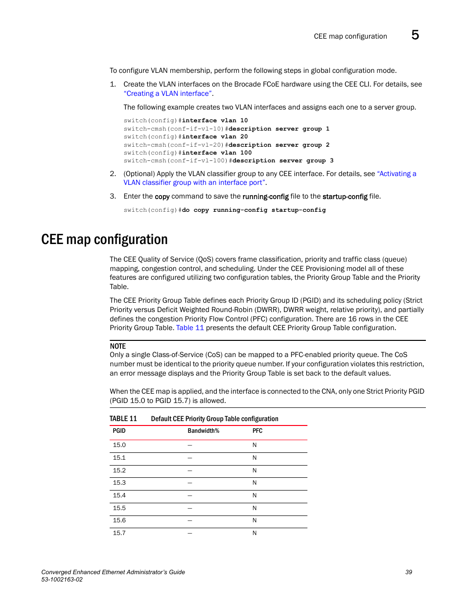 Cee map configuration, Table 11, Draft: brocade confidential | Brocade Communications Systems Converged Enhanced Ethernet 53-1002163-02 User Manual | Page 61 / 168