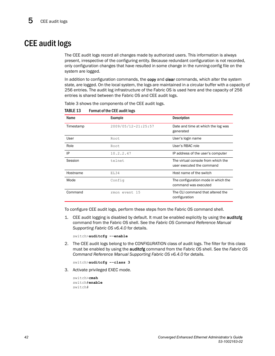 Cee audit logs, Table 13, Draft: brocade confidential | Brocade Communications Systems Converged Enhanced Ethernet 53-1002163-02 User Manual | Page 64 / 168