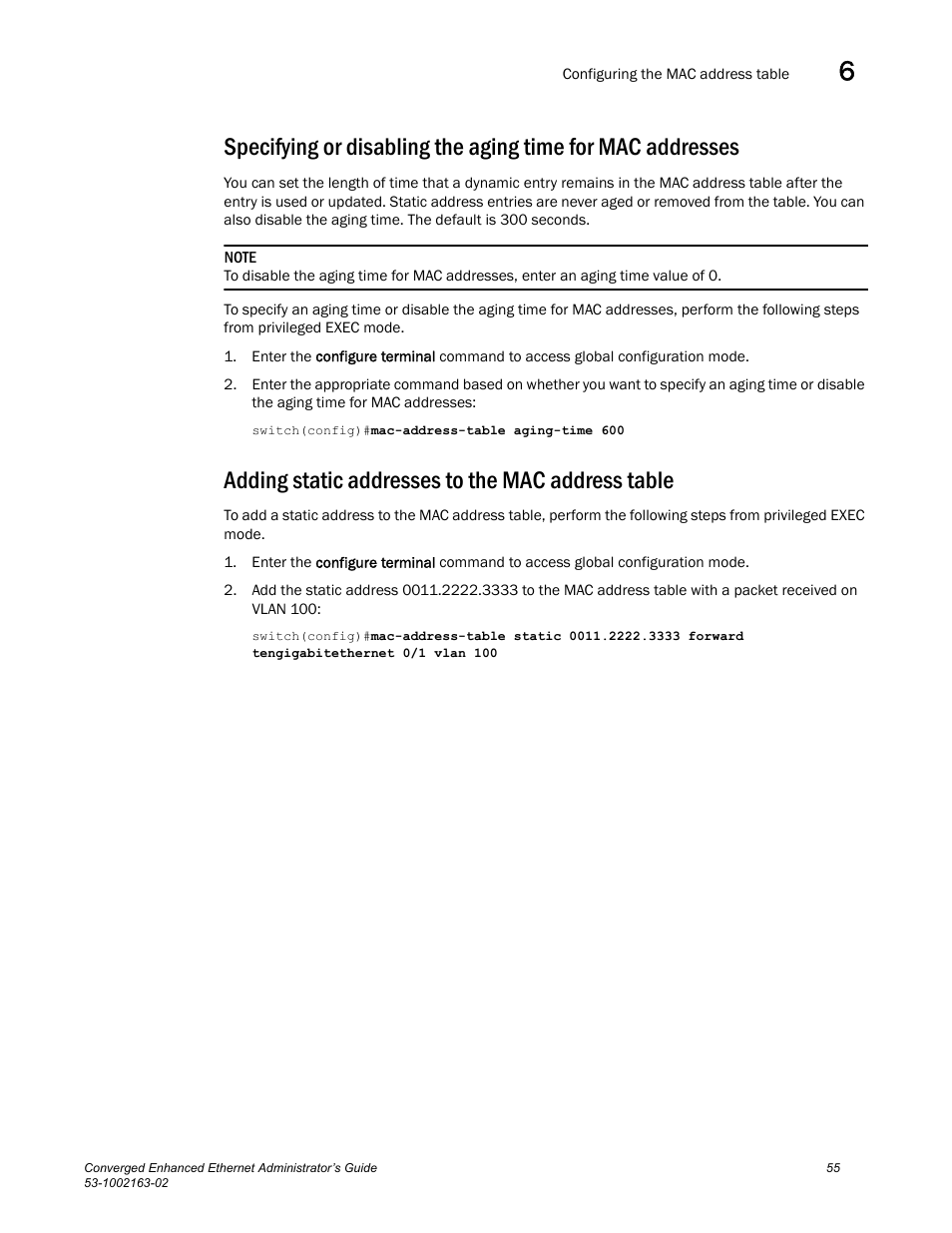 Adding static addresses to the mac address table | Brocade Communications Systems Converged Enhanced Ethernet 53-1002163-02 User Manual | Page 77 / 168