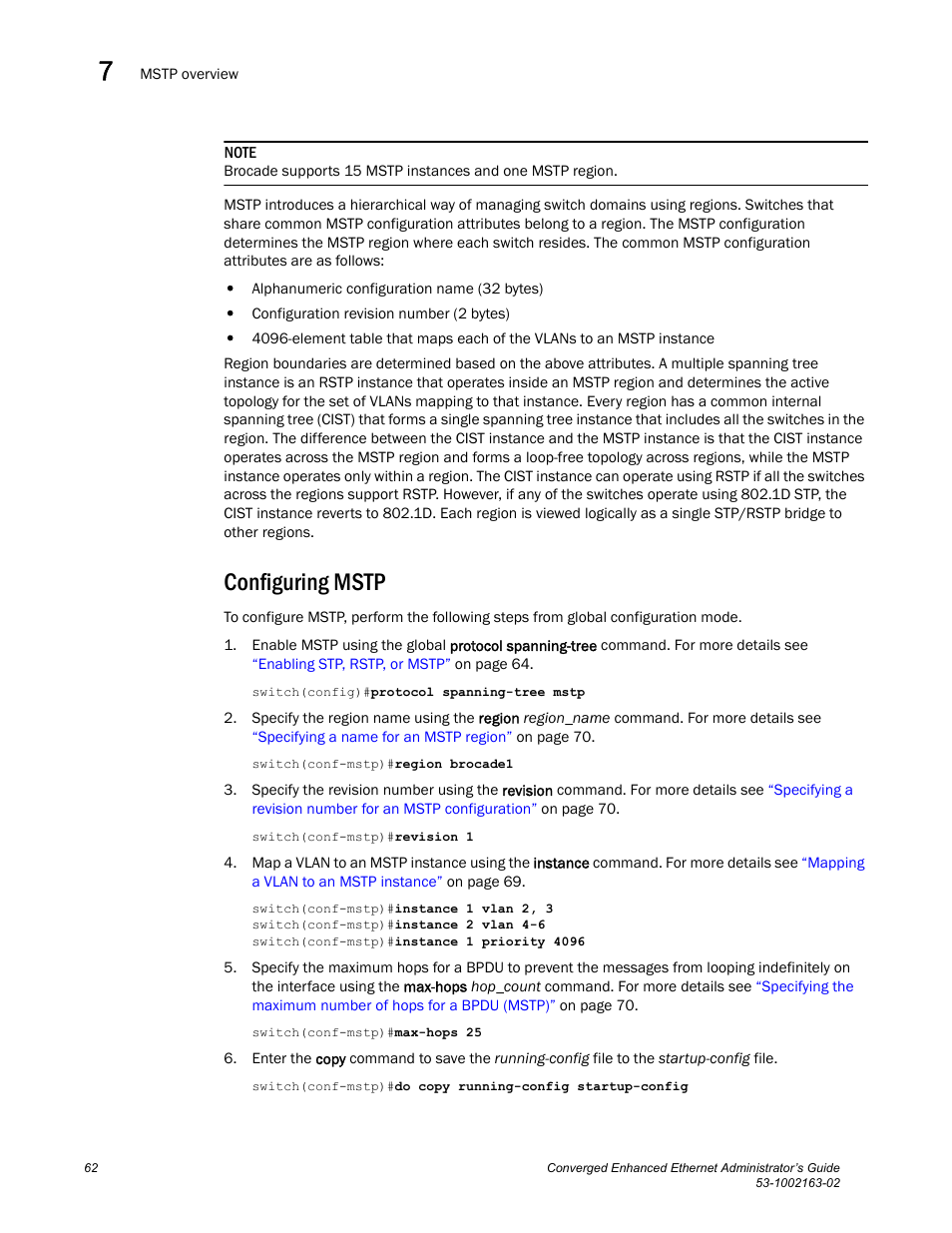 Configuring mstp | Brocade Communications Systems Converged Enhanced Ethernet 53-1002163-02 User Manual | Page 84 / 168