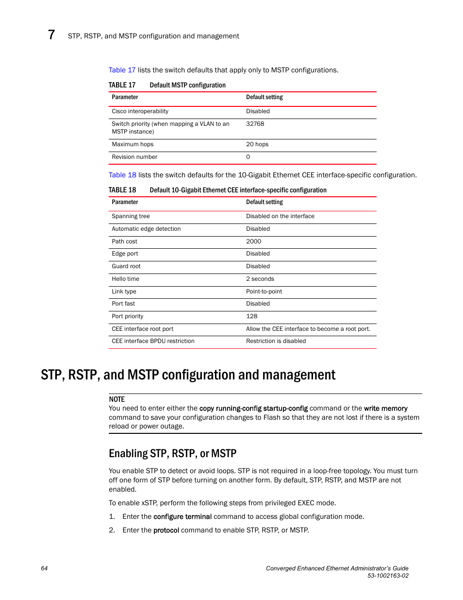 Stp, rstp, and mstp configuration and management, Enabling stp, rstp, or mstp, Table 17 | Table 18, Tails, see, Enabling stp, Rstp, or mstp, Draft: brocade confidential | Brocade Communications Systems Converged Enhanced Ethernet 53-1002163-02 User Manual | Page 86 / 168