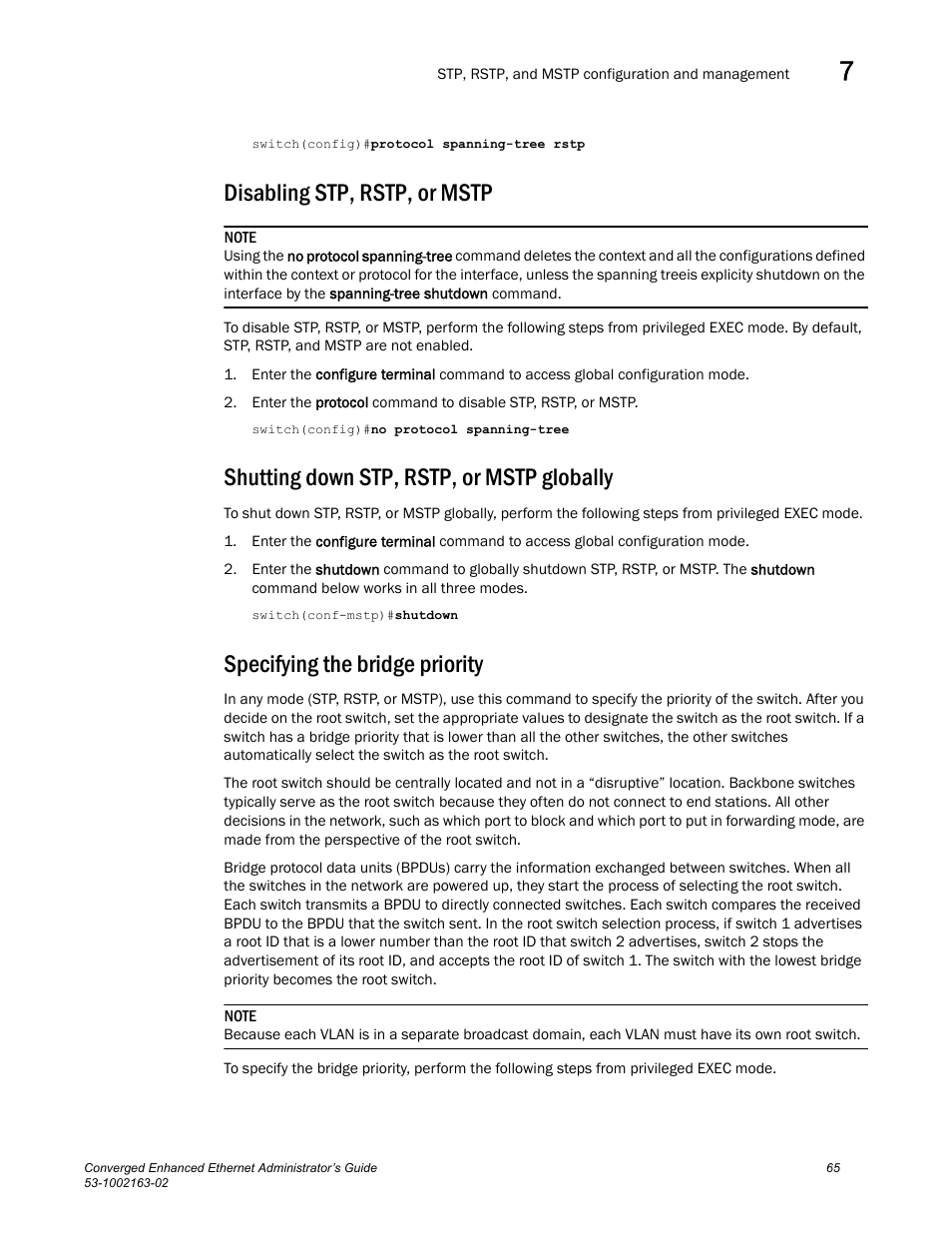 Disabling stp, rstp, or mstp, Shutting down stp, rstp, or mstp globally, Specifying the bridge priority | Specifying the, Bridge priority | Brocade Communications Systems Converged Enhanced Ethernet 53-1002163-02 User Manual | Page 87 / 168