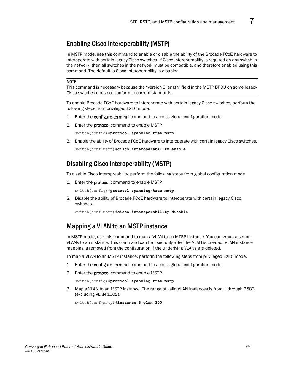 Enabling cisco interoperability (mstp), Disabling cisco interoperability (mstp), Mapping a vlan to an mstp instance | Tails see, Mapping, A vlan to an mstp instance | Brocade Communications Systems Converged Enhanced Ethernet 53-1002163-02 User Manual | Page 91 / 168