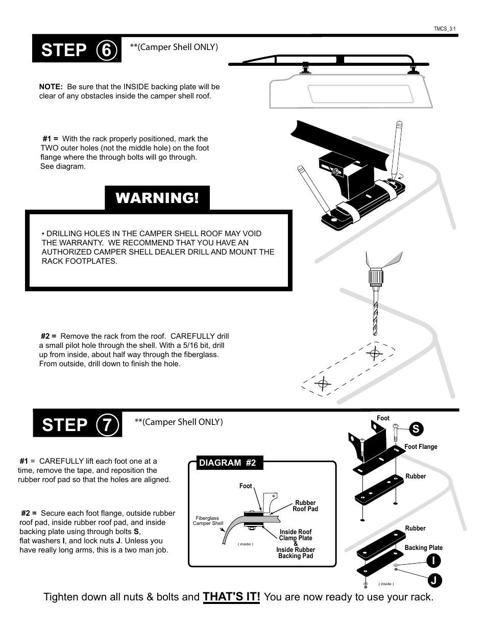 Step 6 step 7, Warning, That's it | Si j, Tighten down all nuts & bolts and, You are now ready to use your rack | Kargo Master PRO III Ladder Rack for Ford TC (80070) User Manual | Page 7 / 11