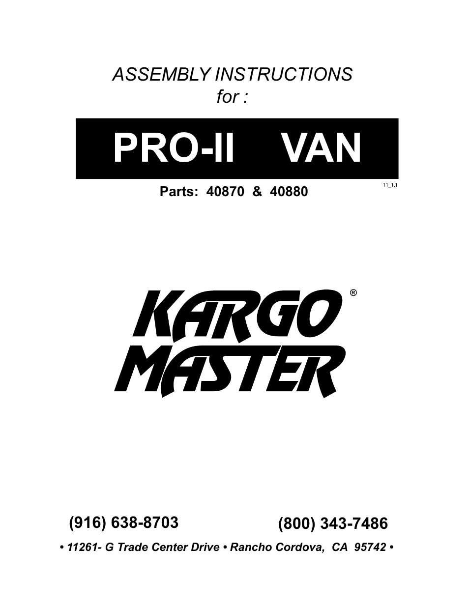 Kargo Master PRO II – Van Cargo Rack (40880) User Manual | 7 pages