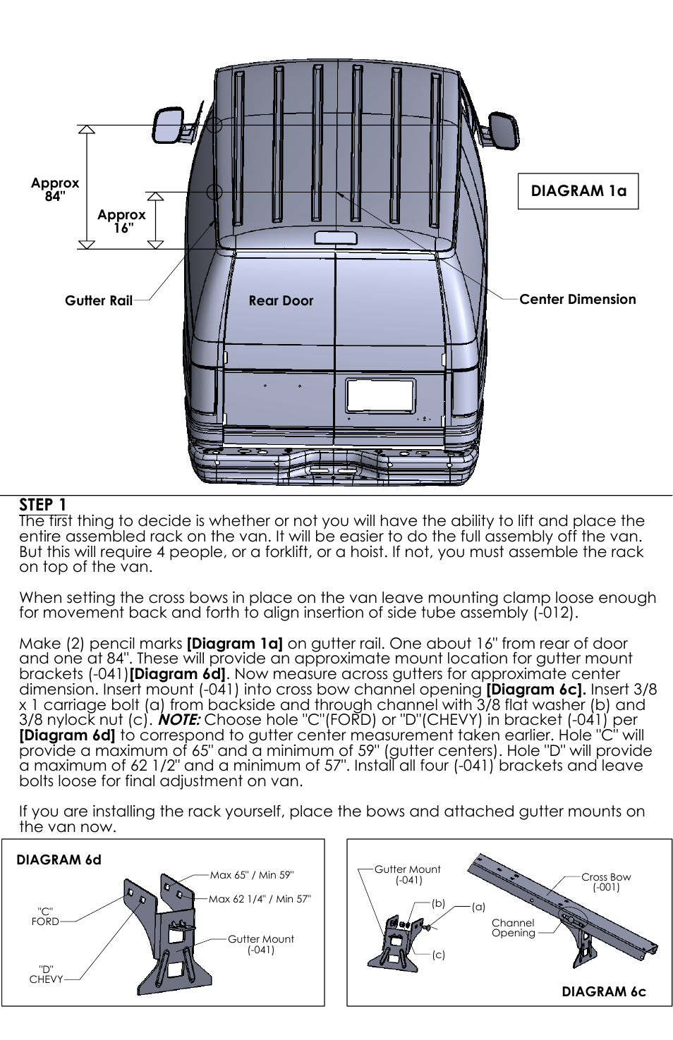 Drawing view1, Drawing view2, Drawing view3 | Drawing view6, Detail view d (1 : 8), Step 1, Diagram 1a | Kargo Master Clamp & Lock Curb Side (40803) User Manual | Page 3 / 8