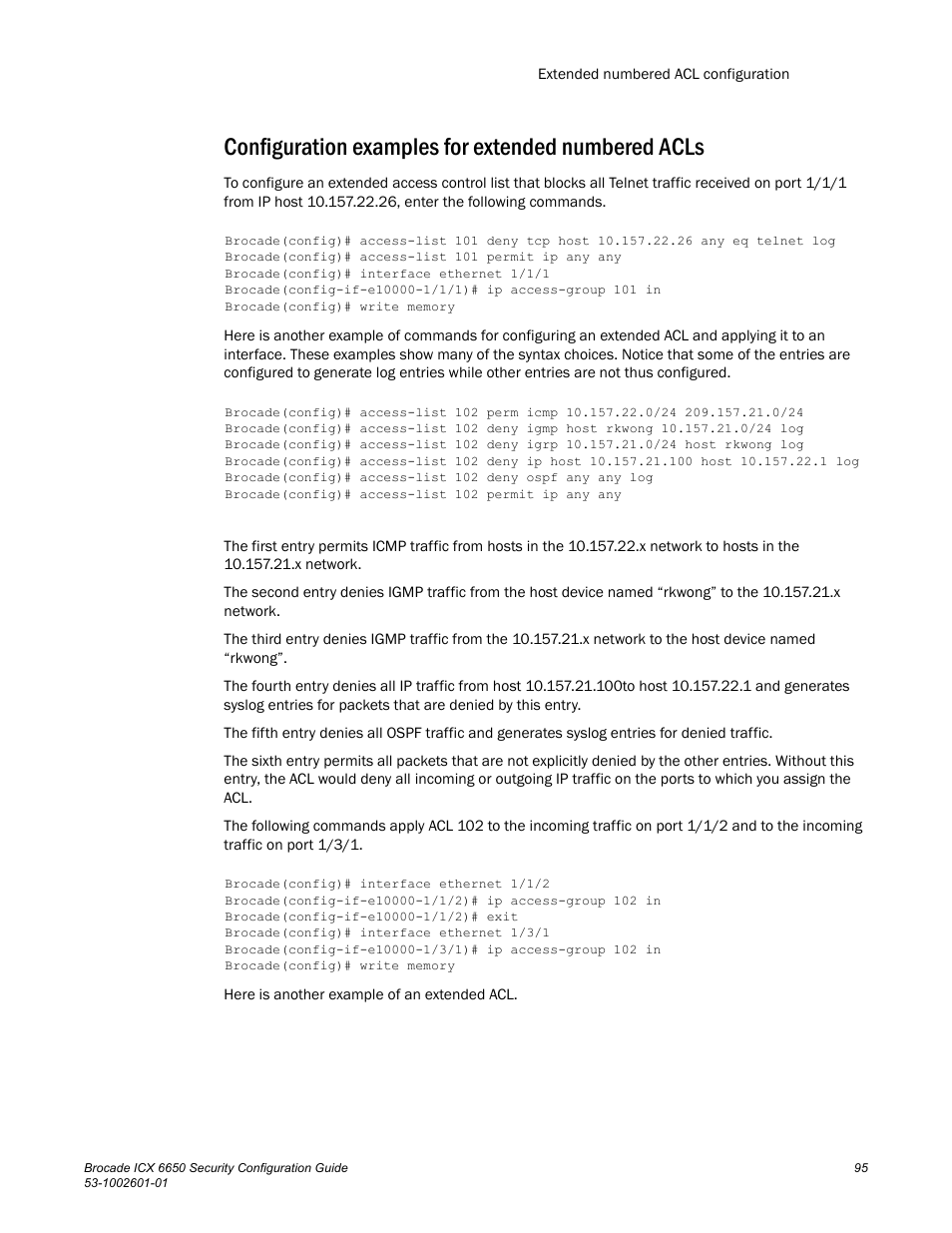 Configuration examples for extended numbered acls | Brocade Communications Systems Brocade ICX 6650 6650 User Manual | Page 115 / 332