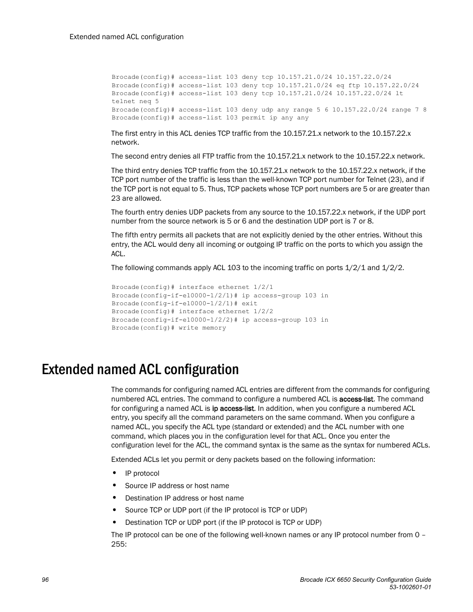 Extended named acl configuration | Brocade Communications Systems Brocade ICX 6650 6650 User Manual | Page 116 / 332