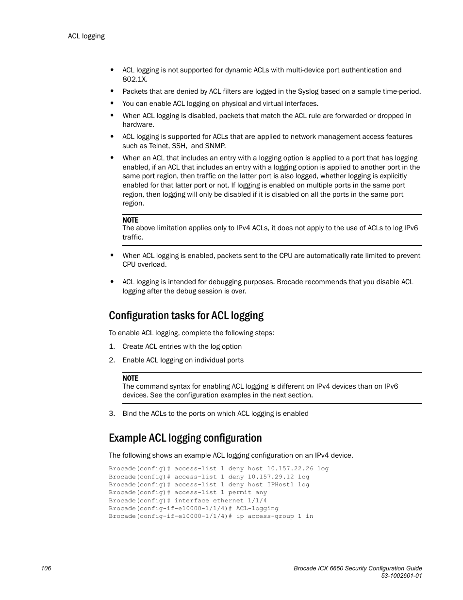 Configuration tasks for acl logging, Example acl logging configuration | Brocade Communications Systems Brocade ICX 6650 6650 User Manual | Page 126 / 332