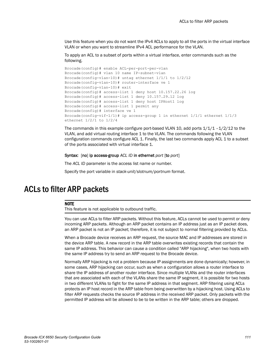 Acls to filter arp packets | Brocade Communications Systems Brocade ICX 6650 6650 User Manual | Page 131 / 332