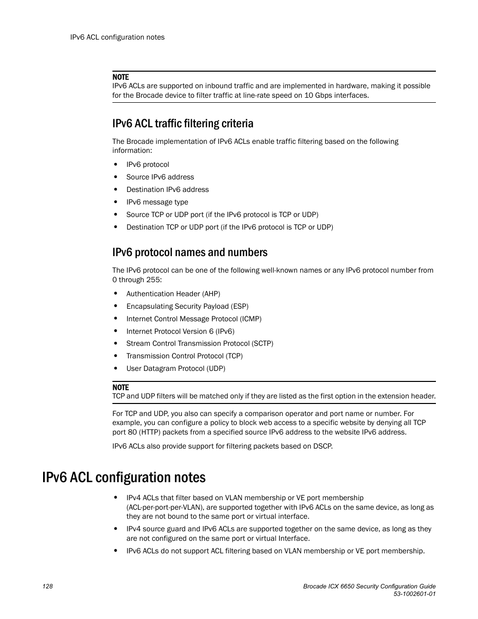 Ipv6 acl traffic filtering criteria, Ipv6 protocol names and numbers, Ipv6 acl configuration notes | Brocade Communications Systems Brocade ICX 6650 6650 User Manual | Page 148 / 332