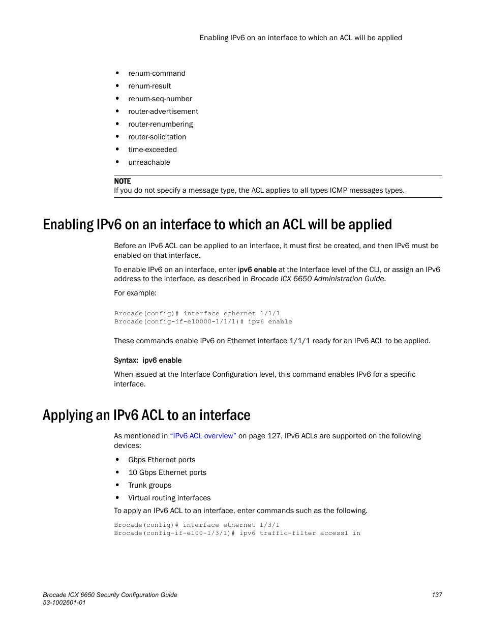 Applying an ipv6 acl to an interface | Brocade Communications Systems Brocade ICX 6650 6650 User Manual | Page 157 / 332