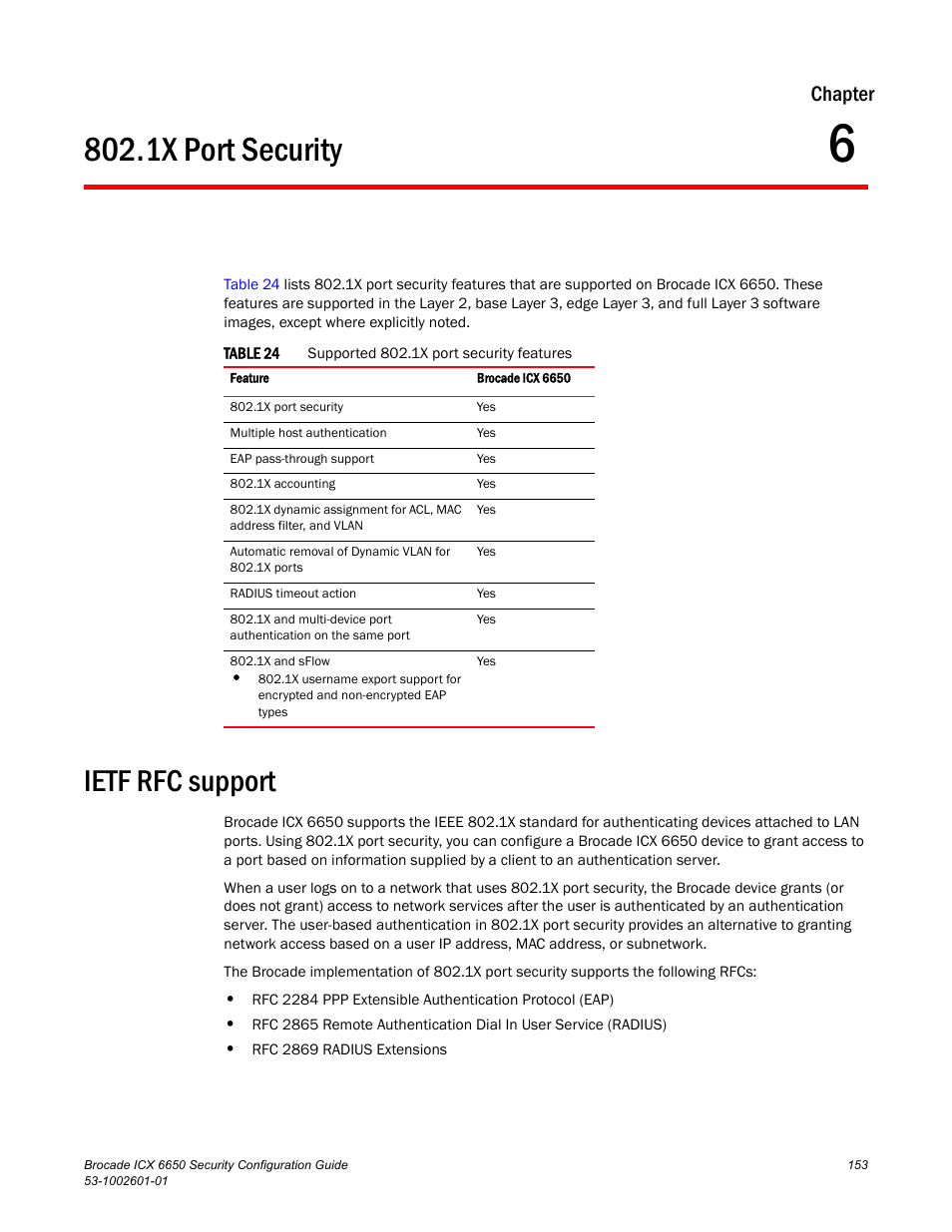 1x port security, Ietf rfc support, Chapter 6 | Chapter | Brocade Communications Systems Brocade ICX 6650 6650 User Manual | Page 173 / 332