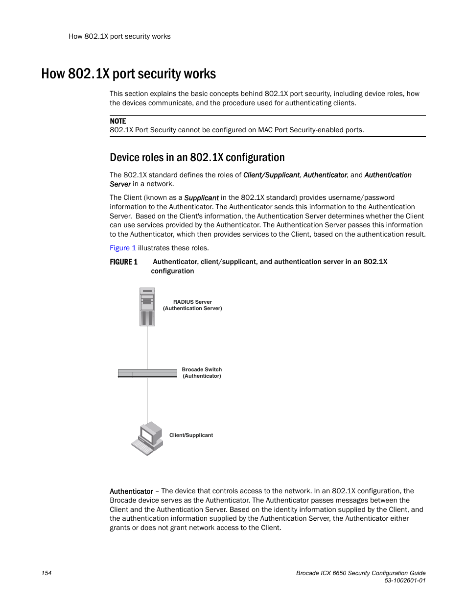 How 802.1x port security works, Device roles in an 802.1x configuration | Brocade Communications Systems Brocade ICX 6650 6650 User Manual | Page 174 / 332