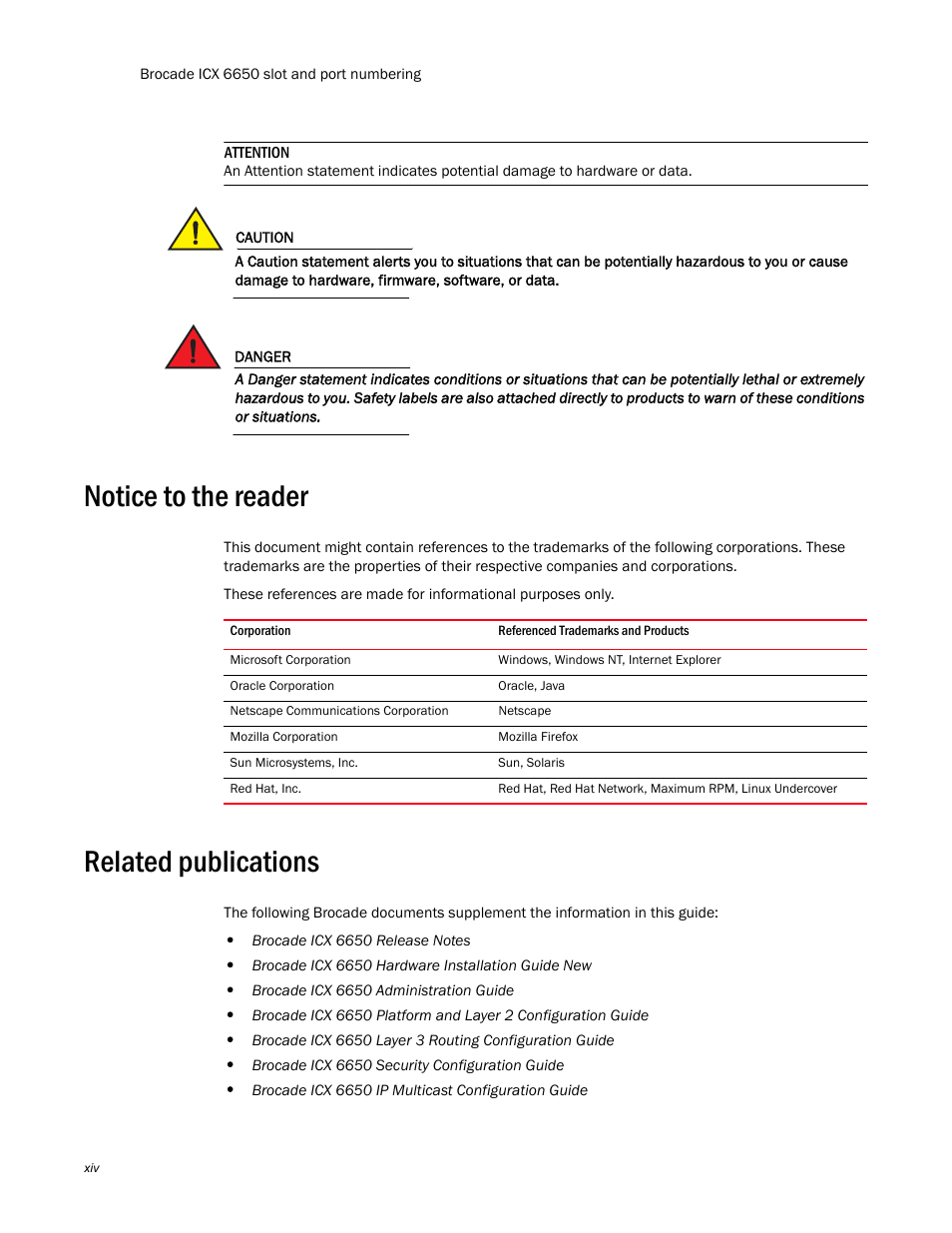 Notice to the reader, Related publications | Brocade Communications Systems Brocade ICX 6650 6650 User Manual | Page 18 / 332